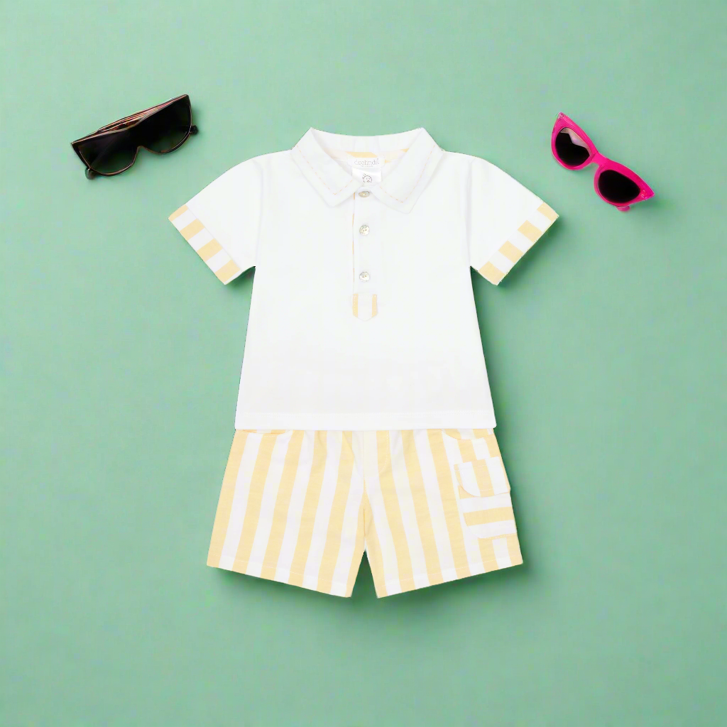 Lemon and White boys polo shirt and shorts set by deolinda