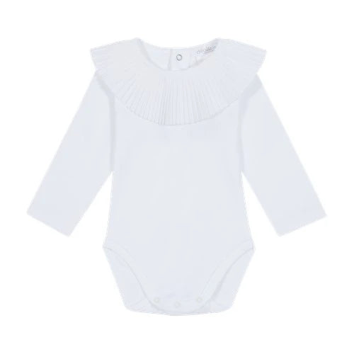 a unisex White frilled collar bodysuit by Deolinda.