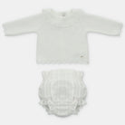 pearl knit top with a lace frilled collar and lined jam pants