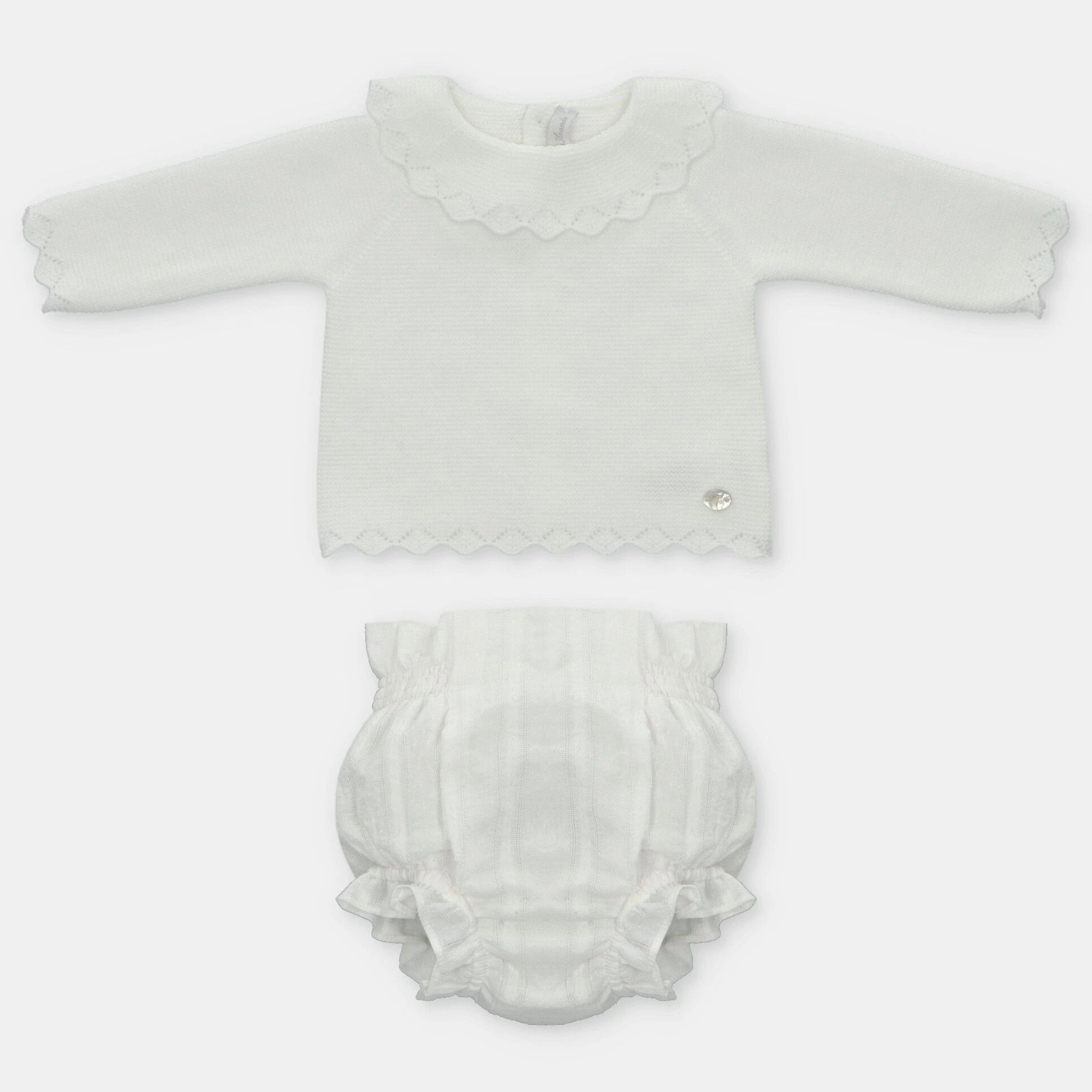 pearl knit top with a lace frilled collar and lined jam pants