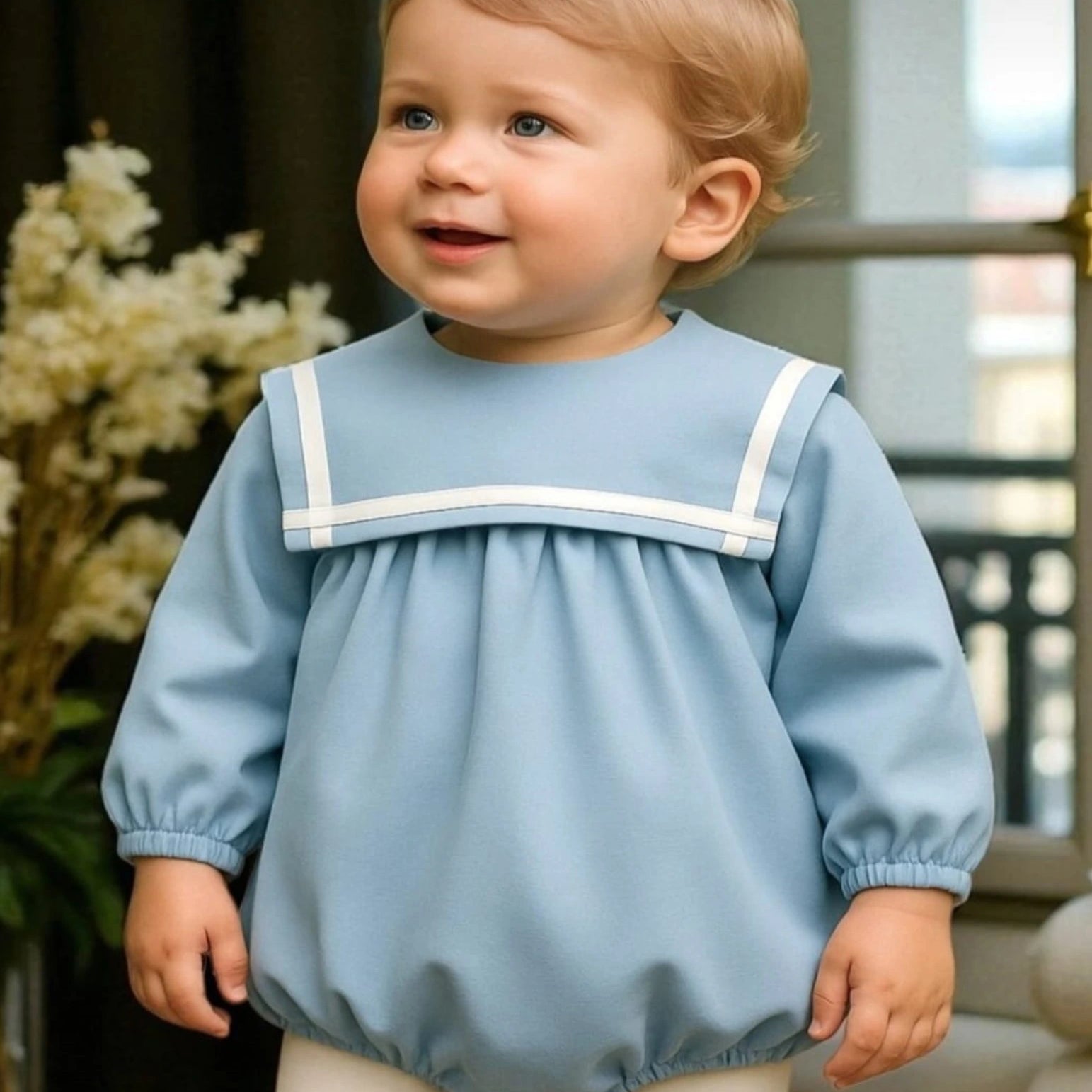 Child wearing a light blue dress with white trim standing outdoors.