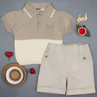 beige polo shirt and shorts set by rigola