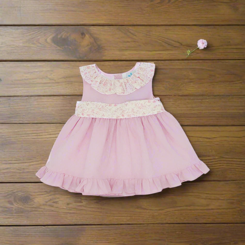 sardon Pink sleeveless dress with floral print collar and waist band