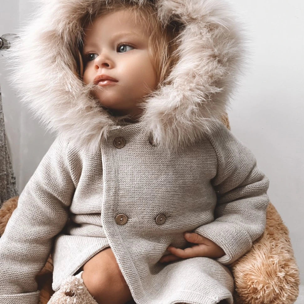 beige fox fur hooded coat by martin aranda from tors childrens wears aw23 collection