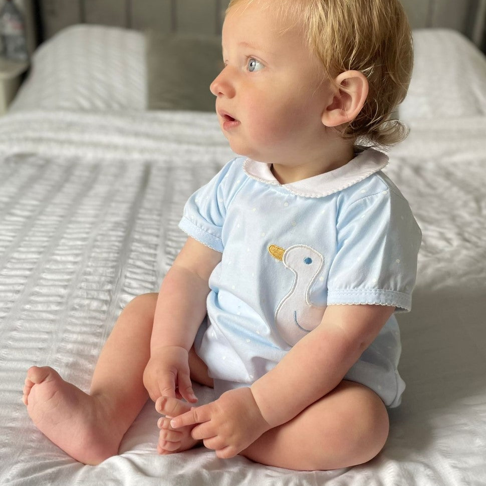 tors childrens wear brand rep True modelling the boys lil duck romper by sardon