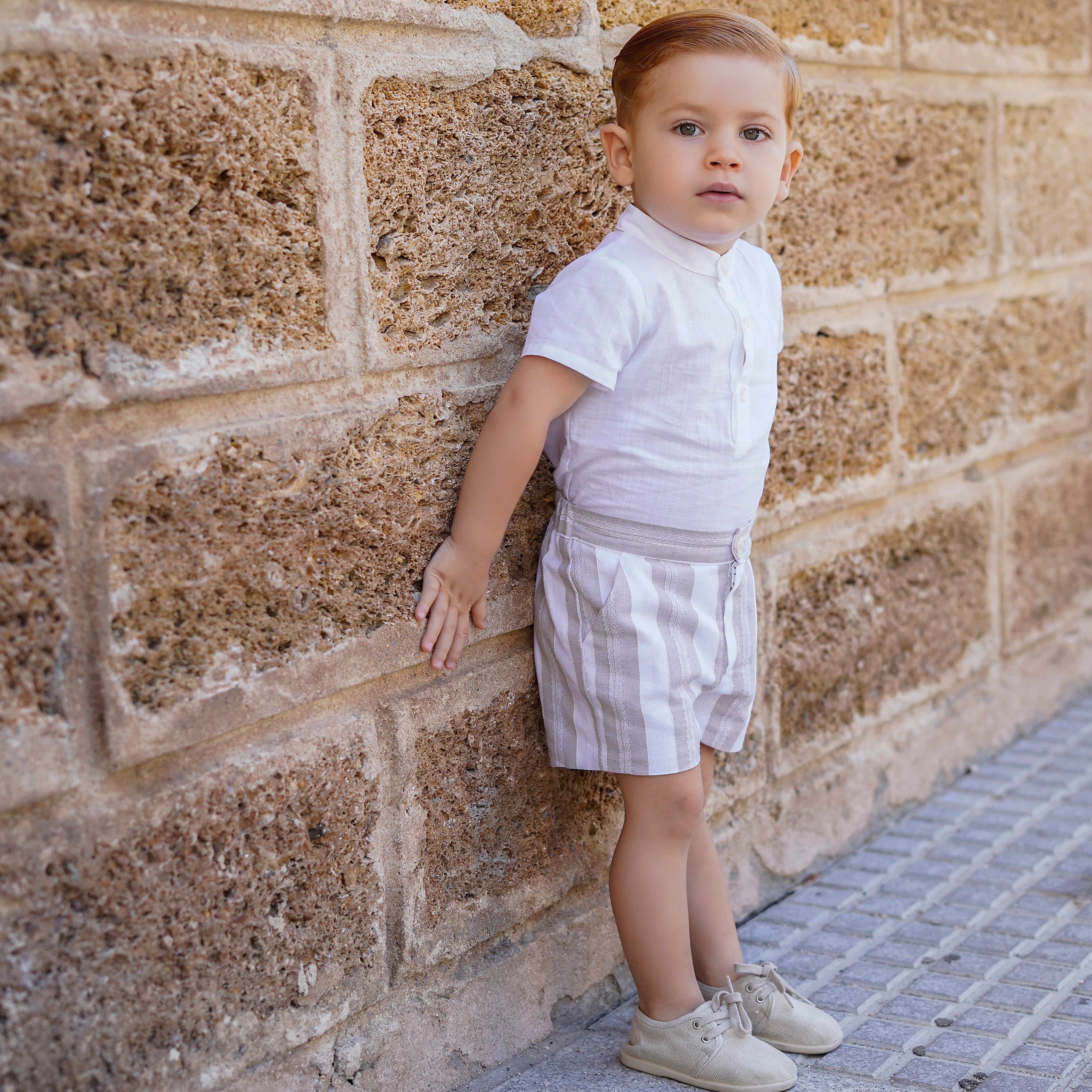 dbb collections boys ivory grandad shirt with beige and ivory shorts
