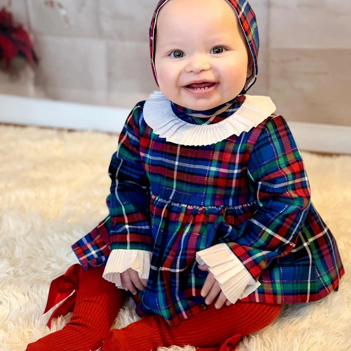 red and blue tartan dress and bonnet set