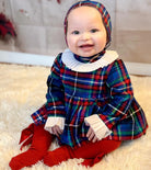 red and blue tartan dress and bonnet set