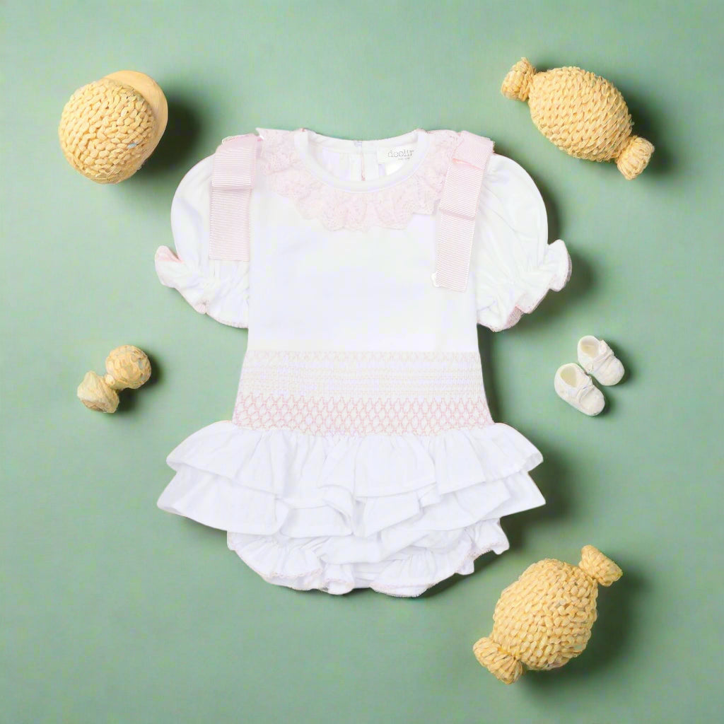 pink and white blouse and bloomers set