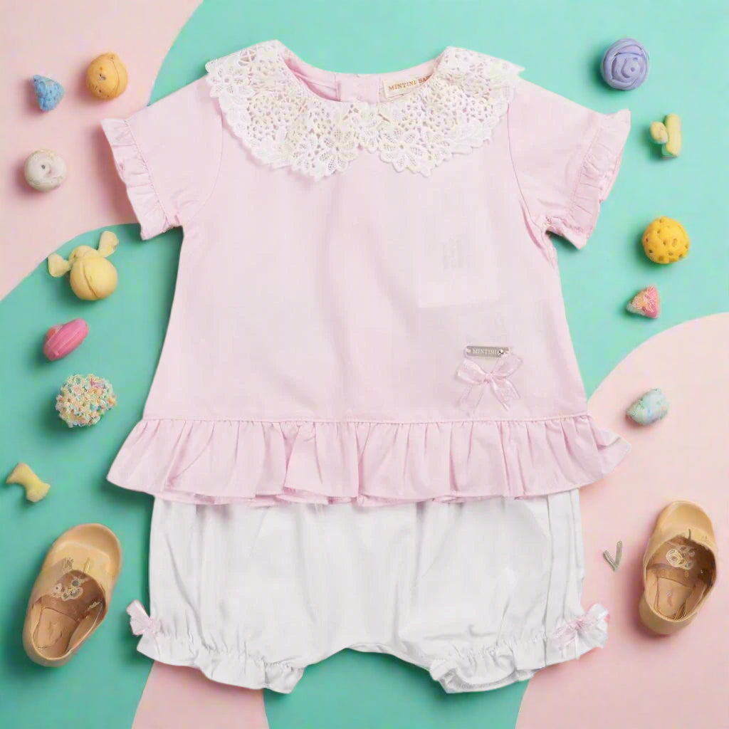 mintini pink blouse and white shorts set for girls