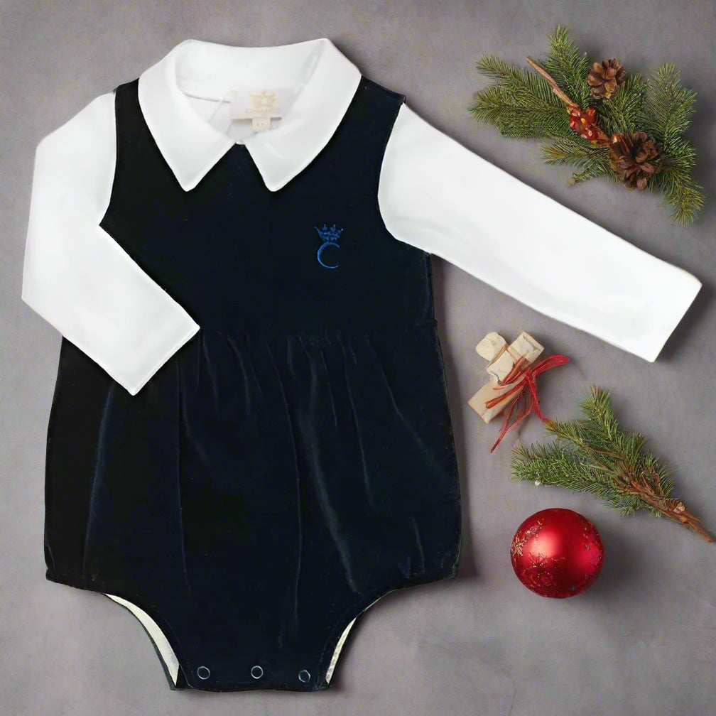 Navy Velour Romper With C Crowne - Tor's Children's Wear