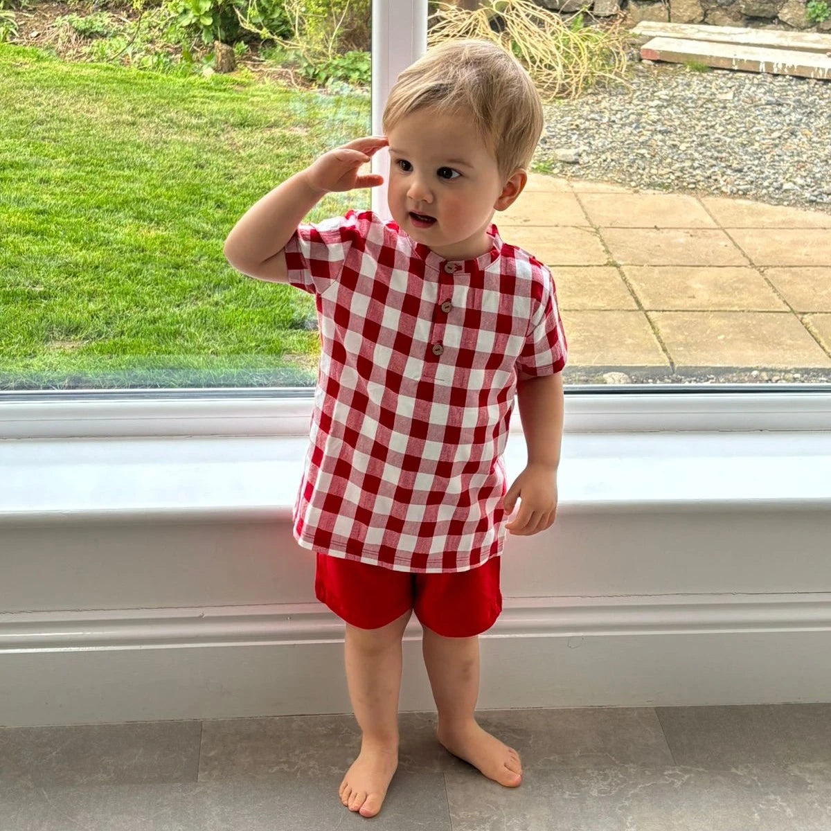 rapife boys red check grandad shirt and shorts