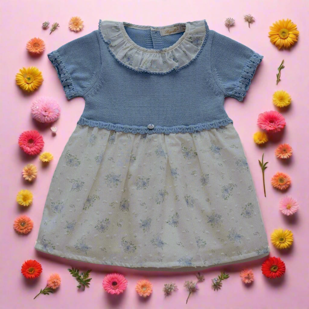sky half knit dress with cute floral print skirt
