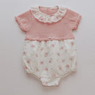 pink half knit baby romper with floral print peplum bottom half