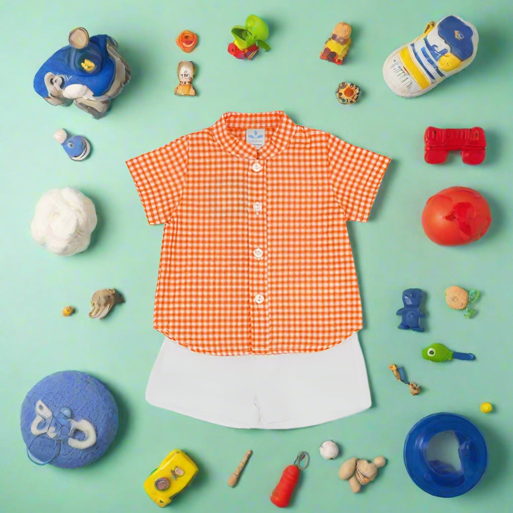 sardon boys orange check shirt and shorts set