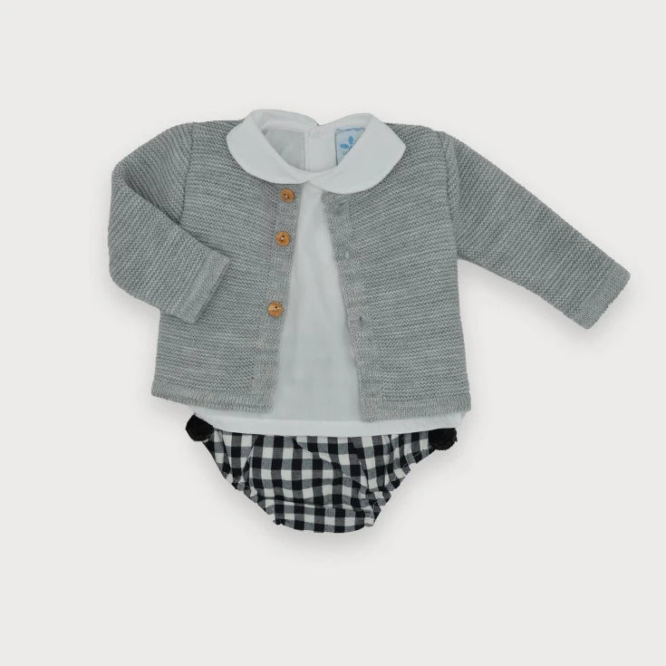 Boys light wool  Grey Cardigan with black and white check shorts