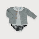 Boys light wool  Grey Cardigan with black and white check shorts