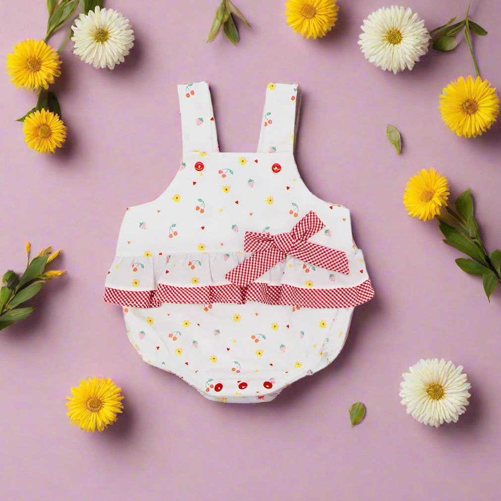 sardon summer baby romper with cheery motif