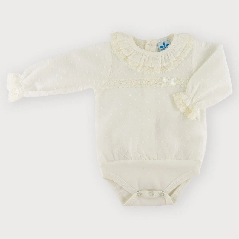 cream bodysuit with lace trim and plumeti body