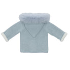 Light blue baby jacket with fur hood on a white background