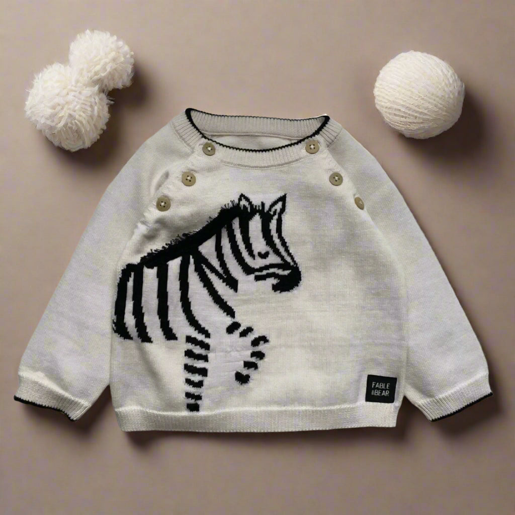 Children's sweater with zebra design on a plain background