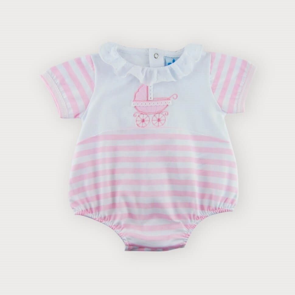 girls pink striped romper with cute embroidered pram,
