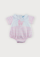 girls pink striped romper with cute embroidered pram,