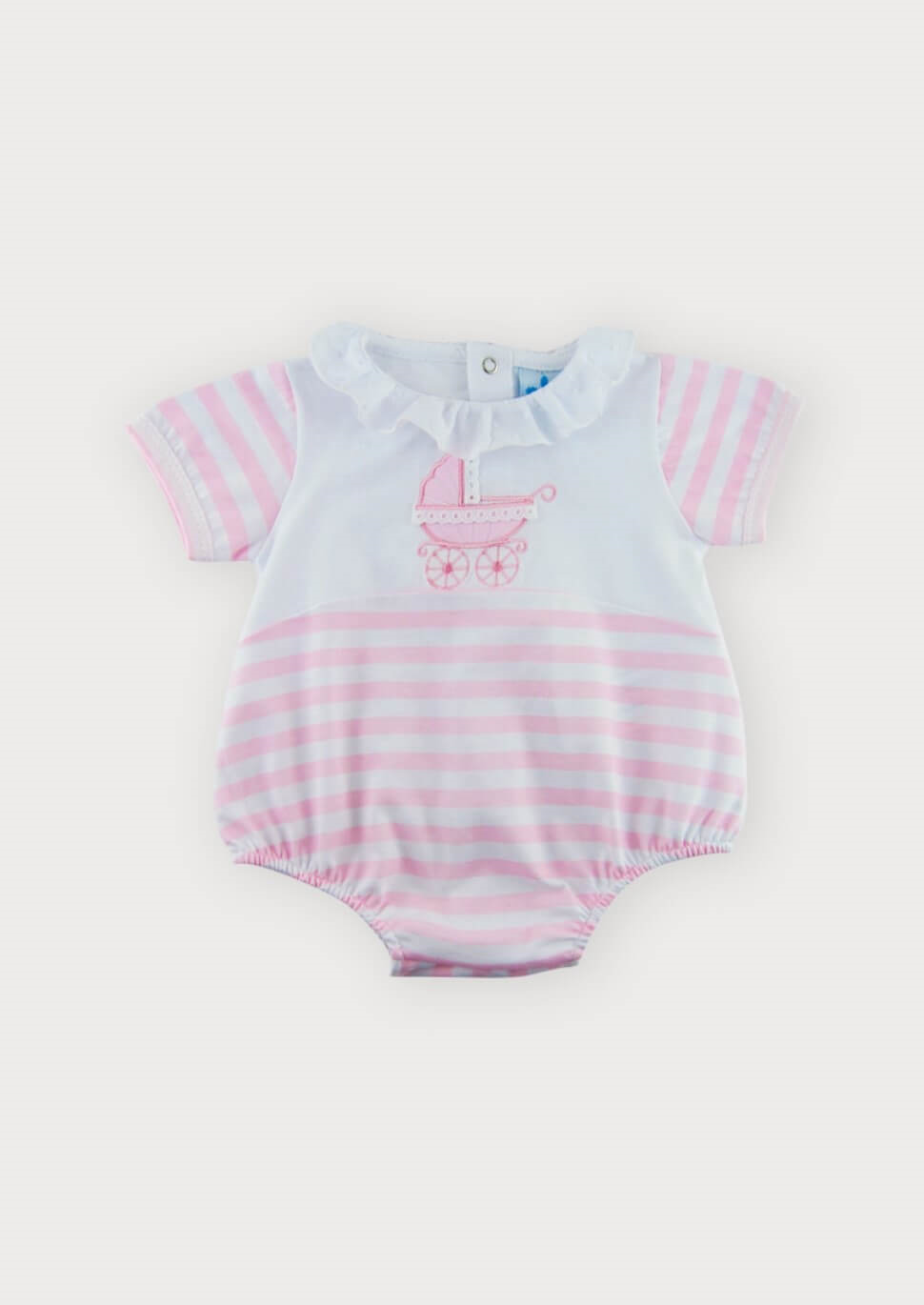 girls pink striped romper with cute embroidered pram,