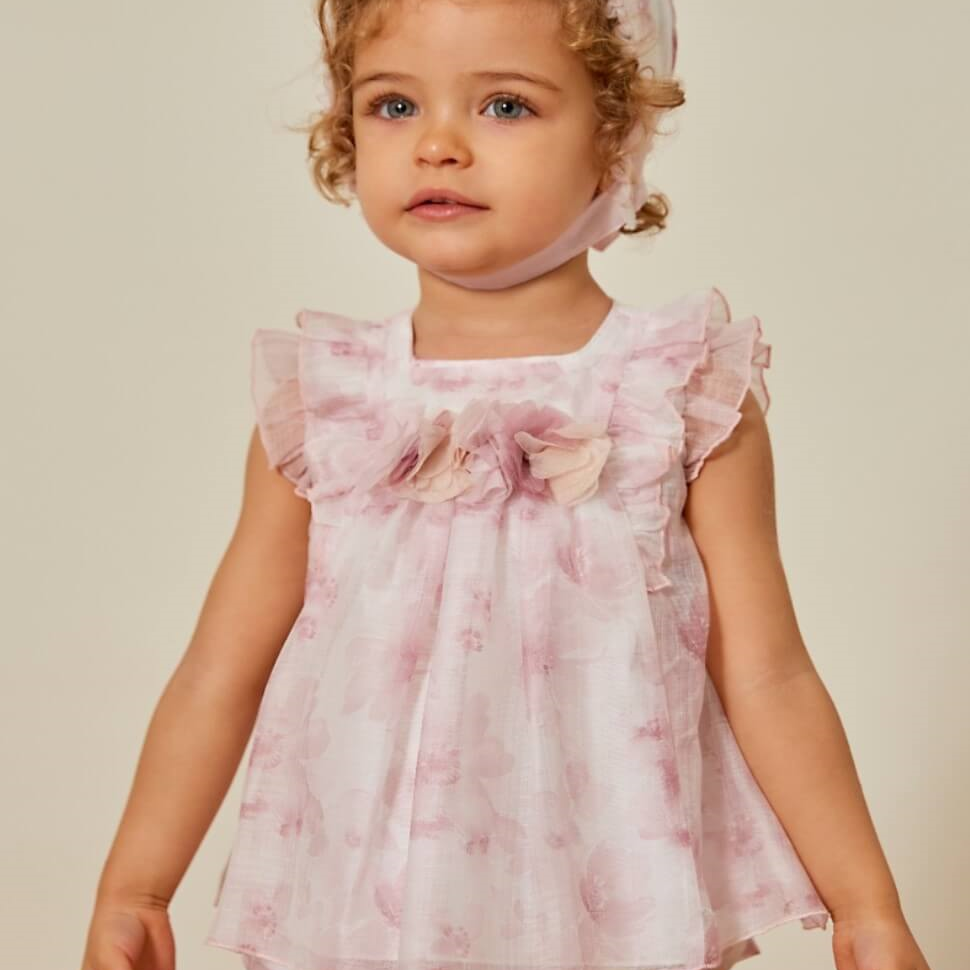 powder pink dress and bloomers set by spanish brand martin aranda available now at tors childrens wear