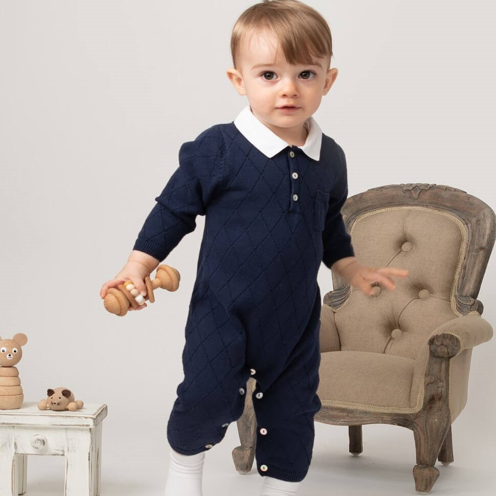 navy diamond knitted baby romper from caramelo kids