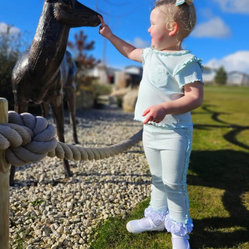 tors childrens wear brand rep Mia modelling Mint Ribbed Frill Legging Set from caramelo kids