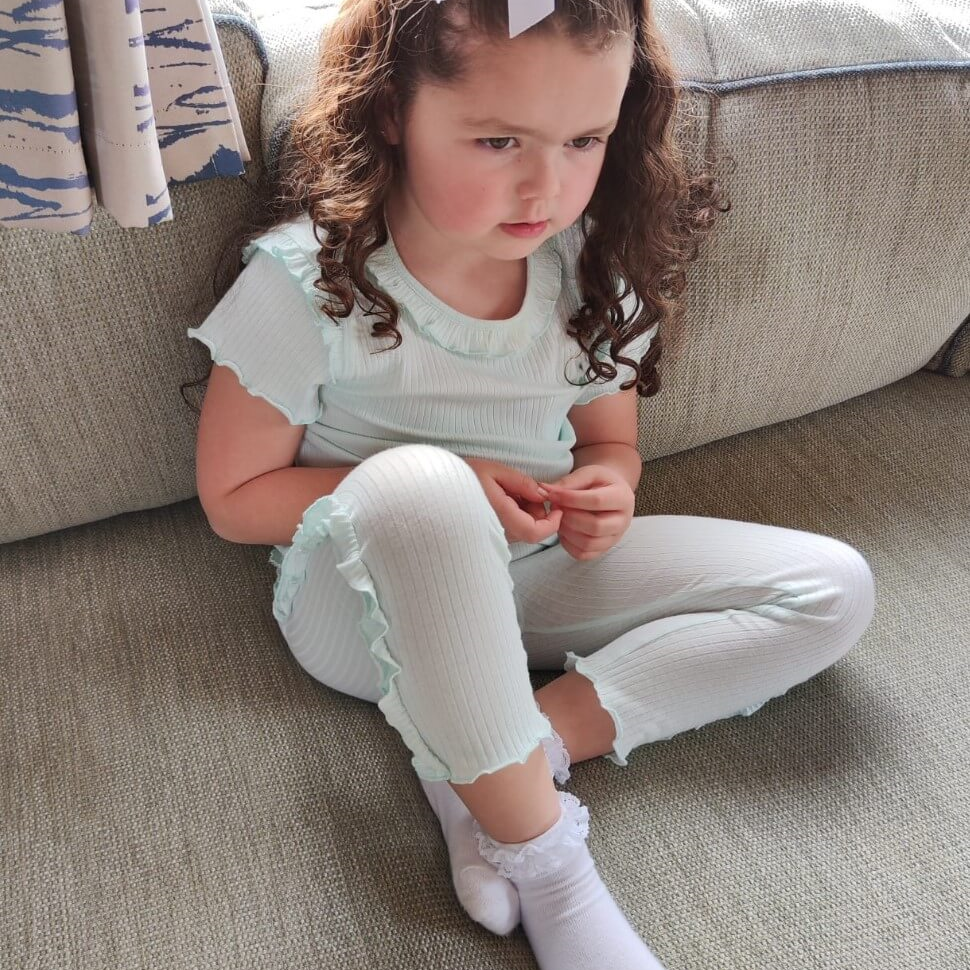 Mint Ribbed Frill Legging Set modelled by tors childrens wear brand rep Dottie