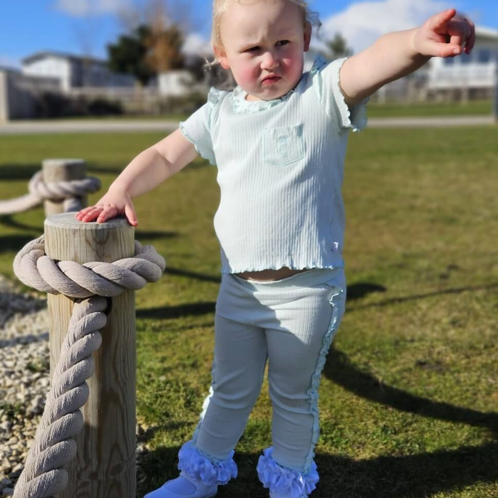 Mint Ribbed Frill Legging Set modelled by tors childrens wear brand rep Mia