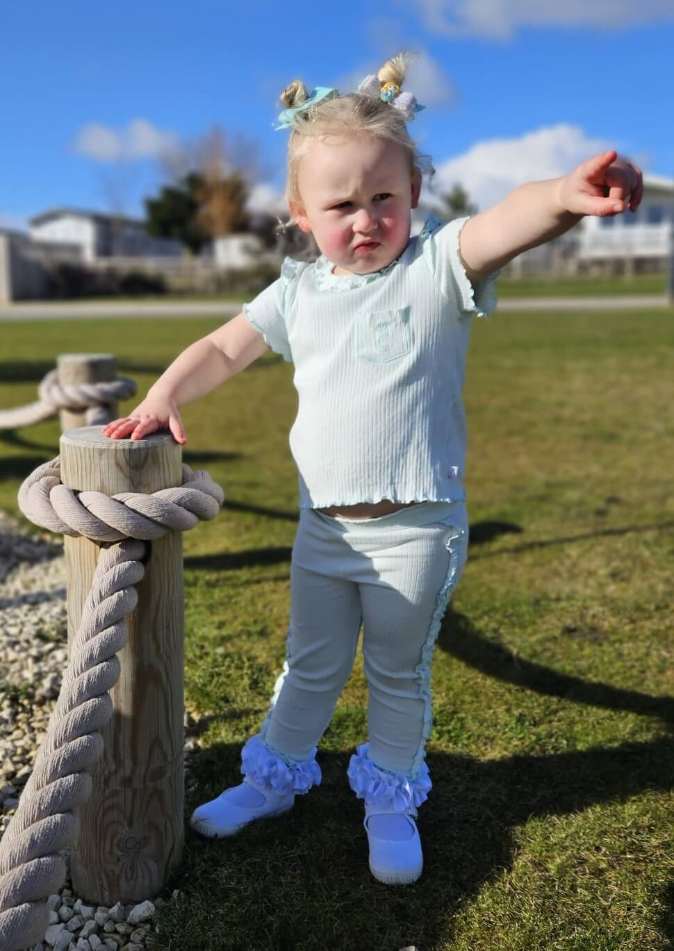 Mint Ribbed Frill Legging Set modelled by tors childrens wear brand rep Mia