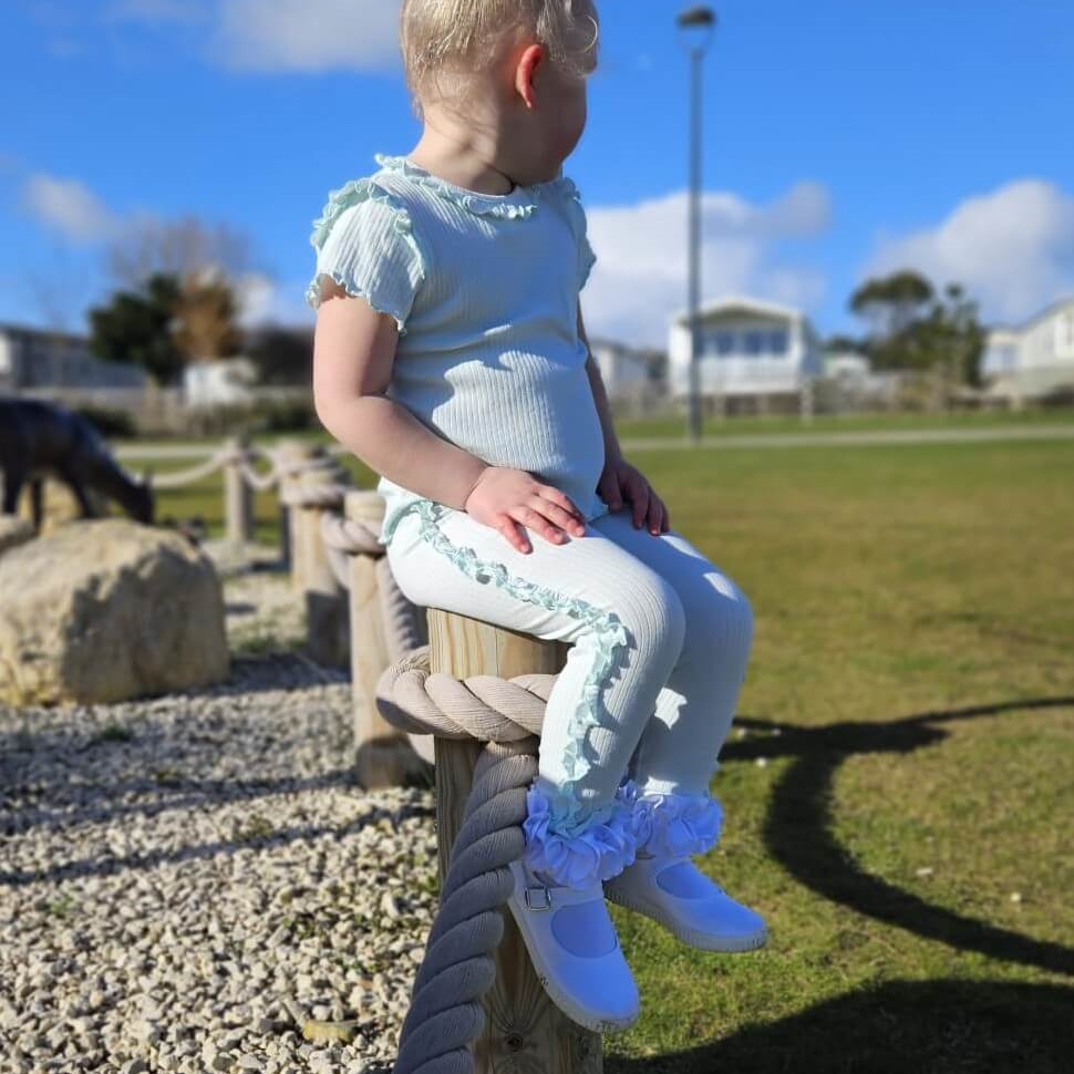 Mint Ribbed Frill Legging Set by caramelo kids modelled by tors childrens wear brand rep Mia