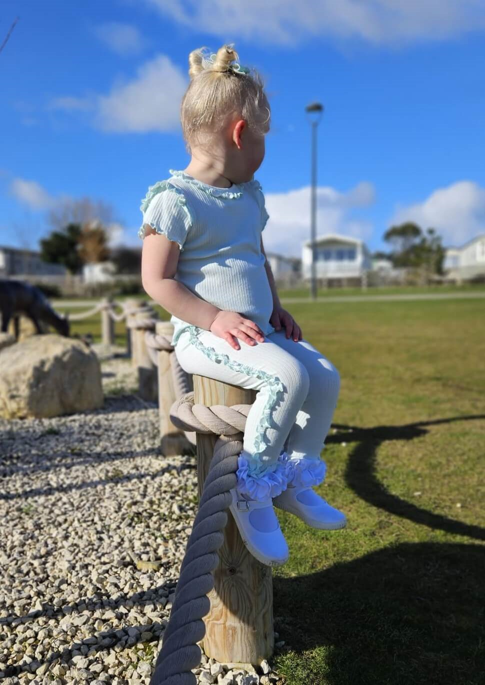 Mint Ribbed Frill Legging Set by caramelo kids modelled by tors childrens wear brand rep Mia