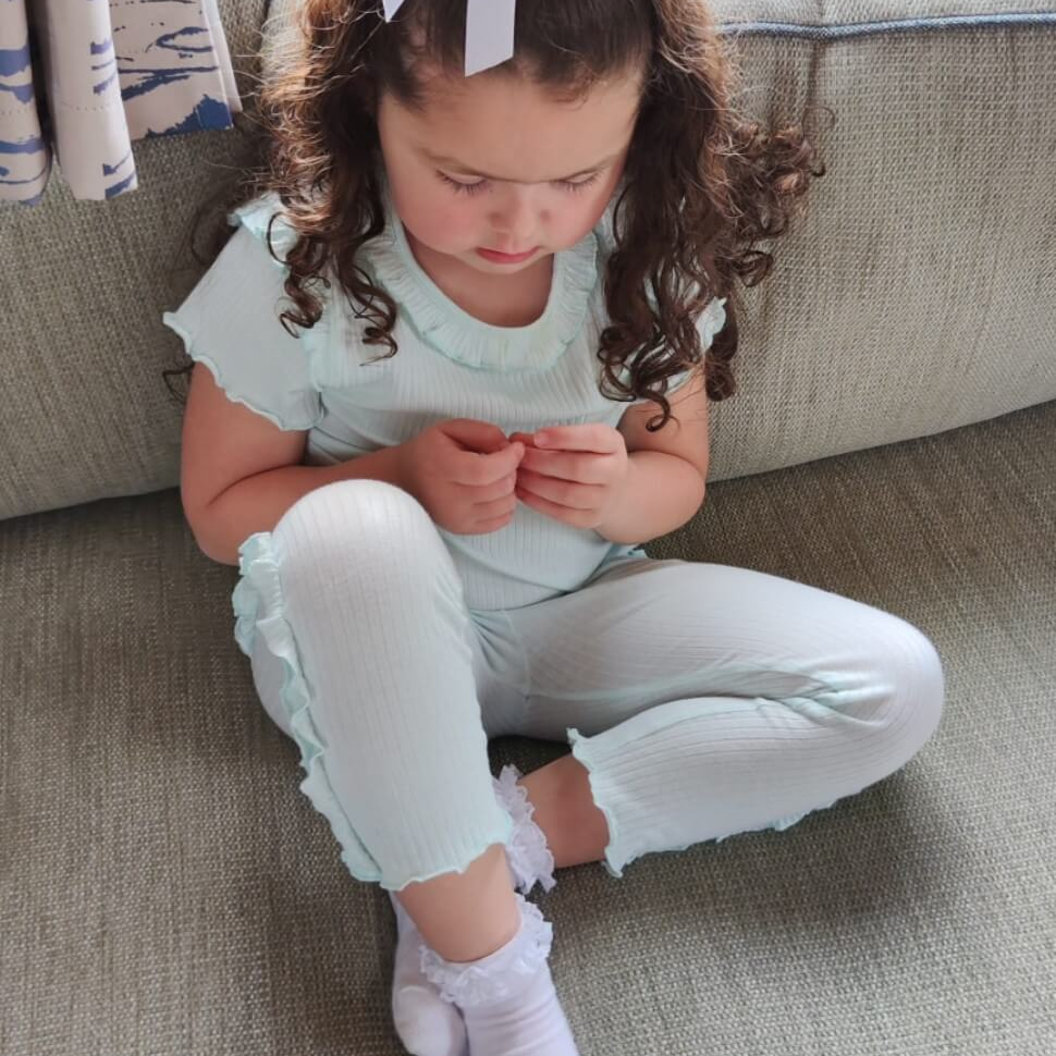 tors childrens wear brand rep dottie modelling Mint Ribbed Frill Legging Set by caramelo kids