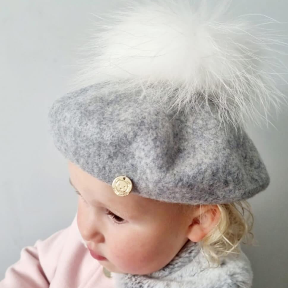 petit maison kids Grey Beret With White Pom