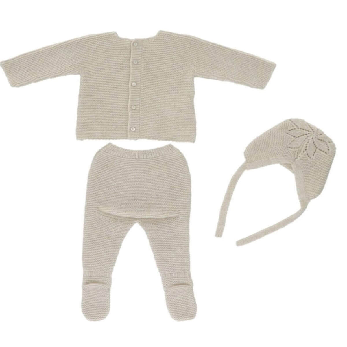 tors childrens wear "Sahara" Beige Knitted Pram Set by spanish brand martin aranda