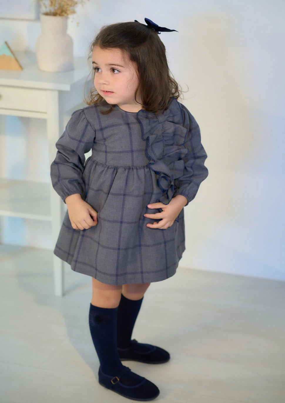 blue and grey check dress from rapife winter 23 collection