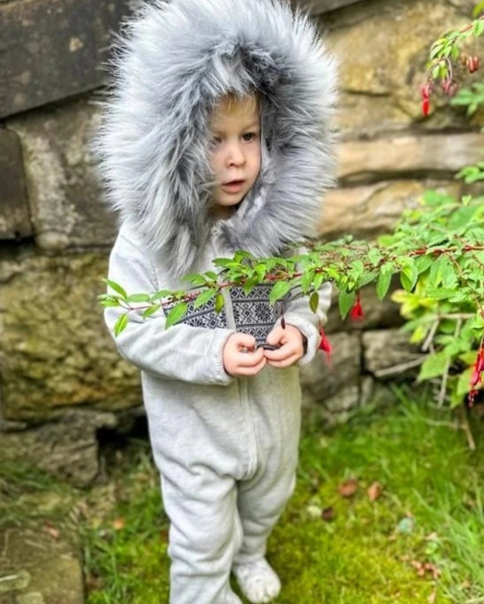 grey fur hooded romper by caramelo kids available at tors childrens wear