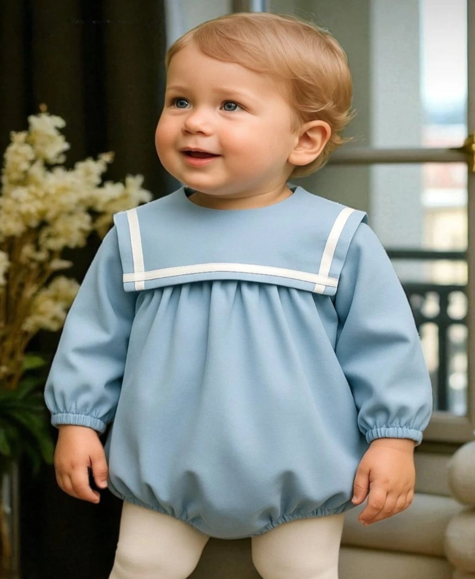 Child wearing a light blue dress with white trim standing outdoors.