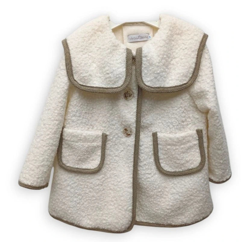 White textured jacket with brown trim on a white background