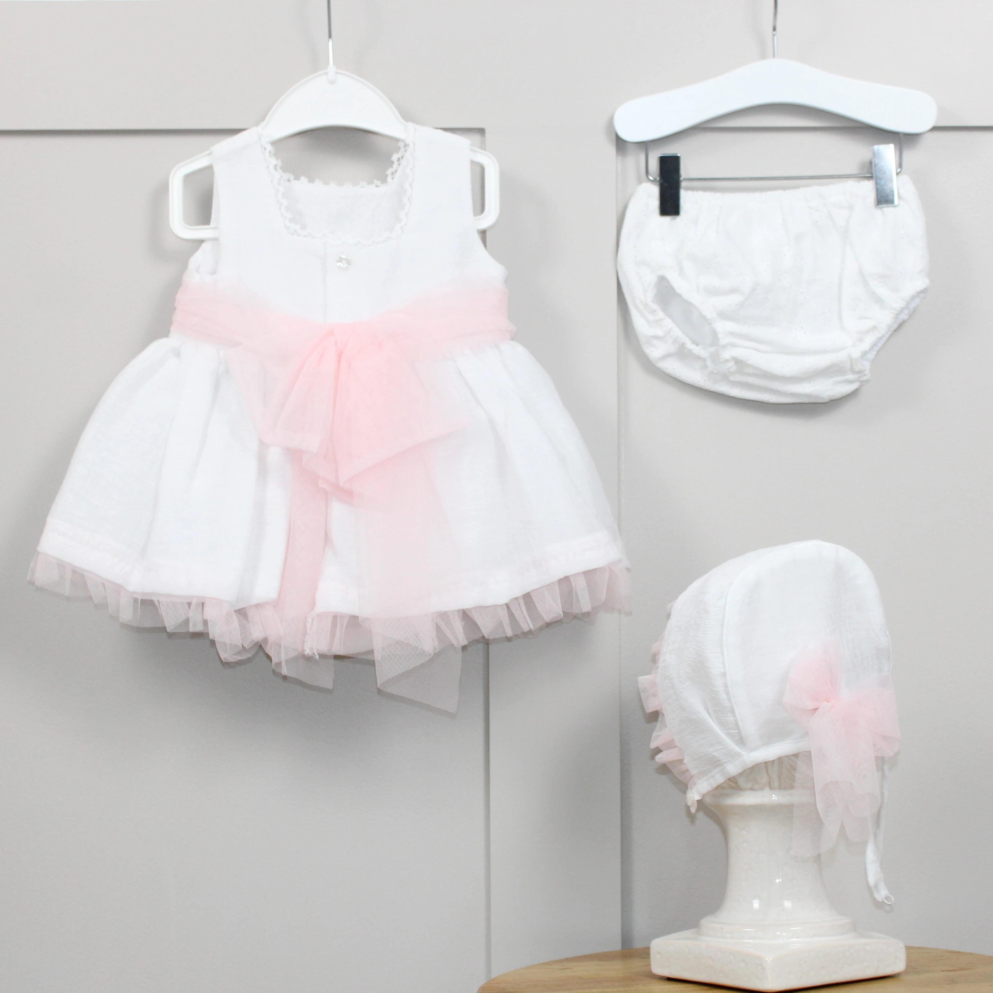 dbb collections white dress bonnet and knicker set with pink tulle sash