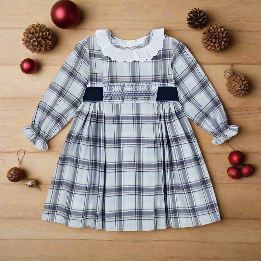 deolinda tartan dress with frill collar and smocked waist