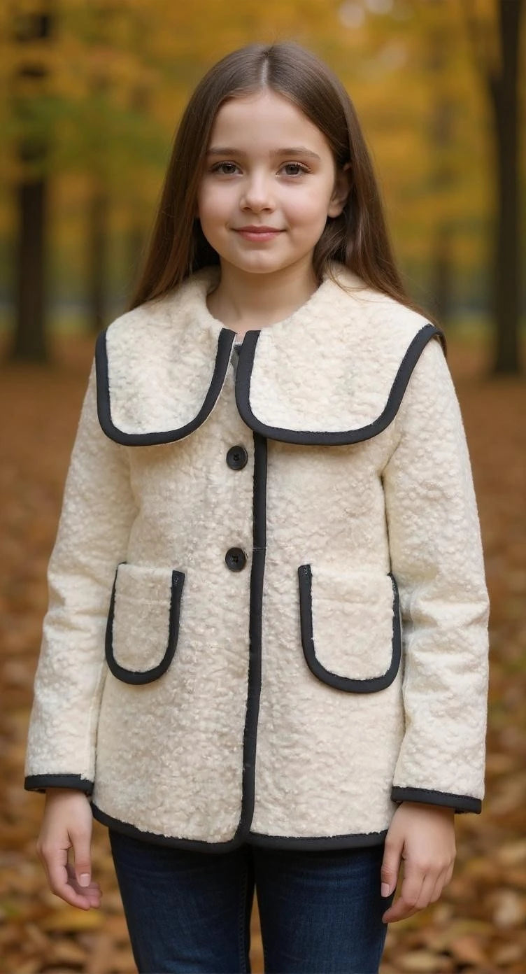Young girl wearing a cream coat with black trim in an autumn setting