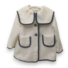 Children's coat with black trim on a white background