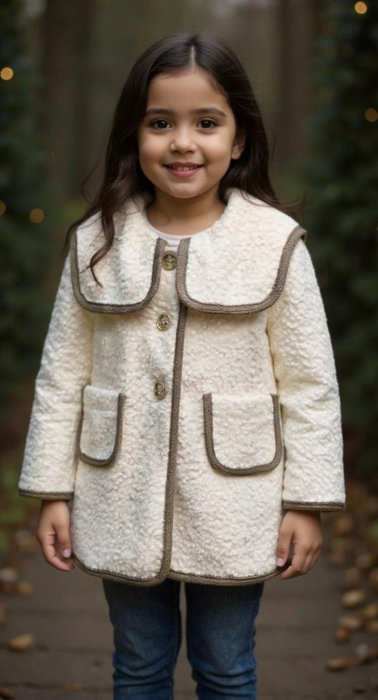 Young girl wearing a cream-colored coat with brown trim in a forest setting
