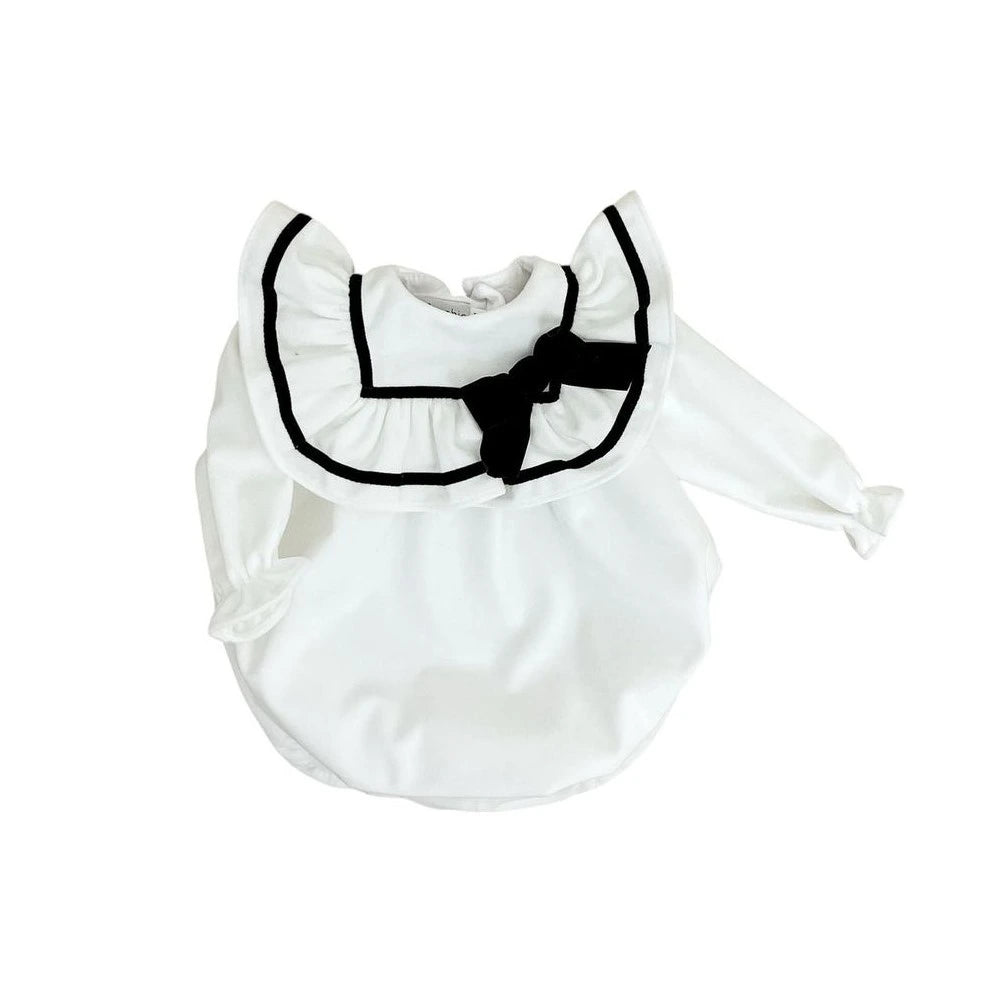 White velvet romper with black velvet trim