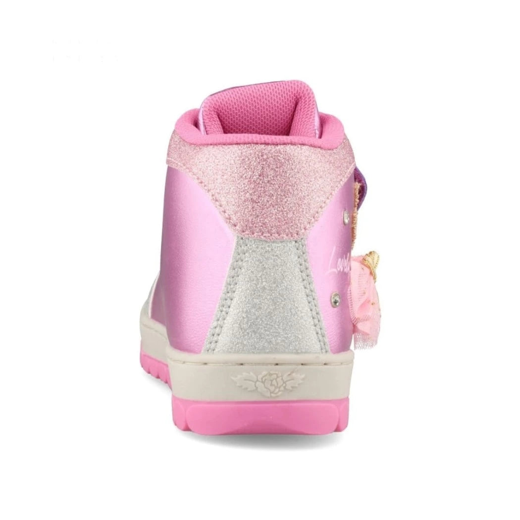 Pink high-top sneaker with a white sole on a white background